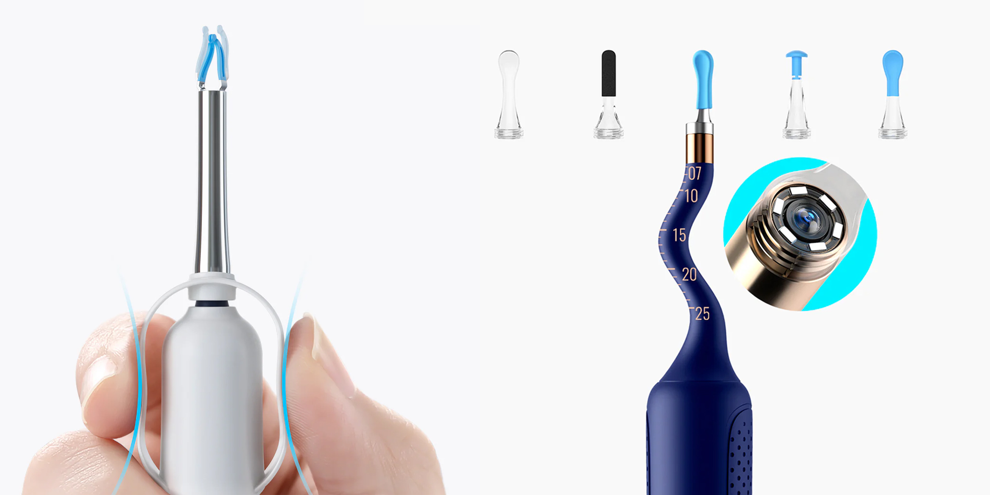 Urządzenie do czyszczenia uszu Bebird EarSight Plus I35R - niebieski - prezentacja działania końcówek