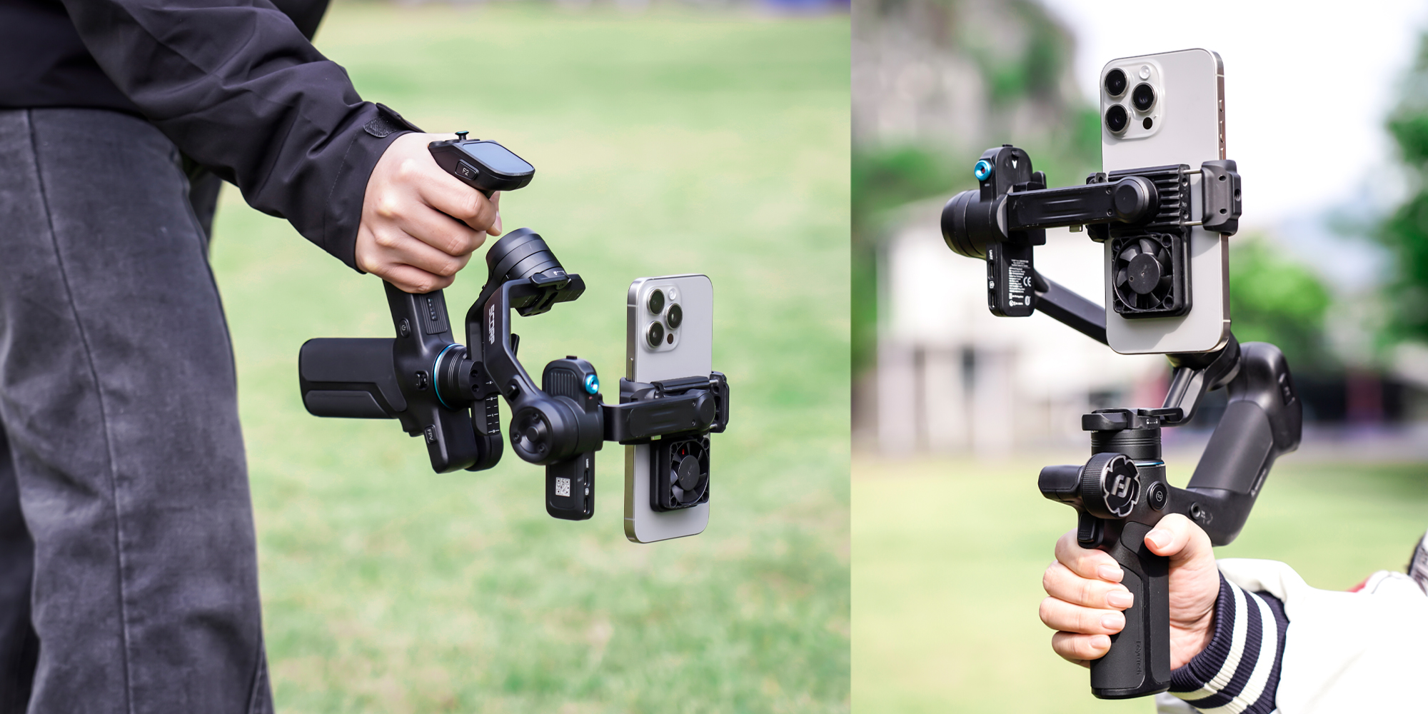 Gimbal ręczny FeiyuTech Scorp mini 3 Kit na dwóch zdjęciach - trzymany w różnych pozycjach