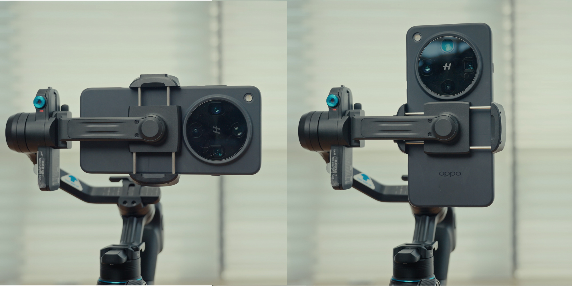 Gimbal ręczny FeiyuTech Scorp mini 3 Pro w połączeniu ze smartfonem na 2 kadrach - z telefonem w pionie i w poziomie