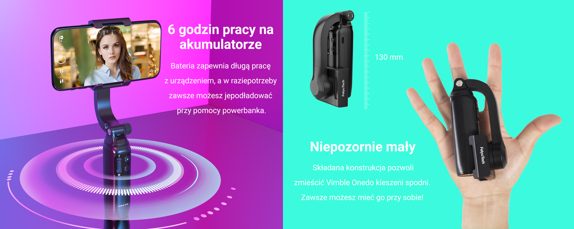 Grafika pokazująca, że złożony gimbal mieści sie w dłoni, oraz że czas działania na jenym ładowaniu to prawie 6 godzin.