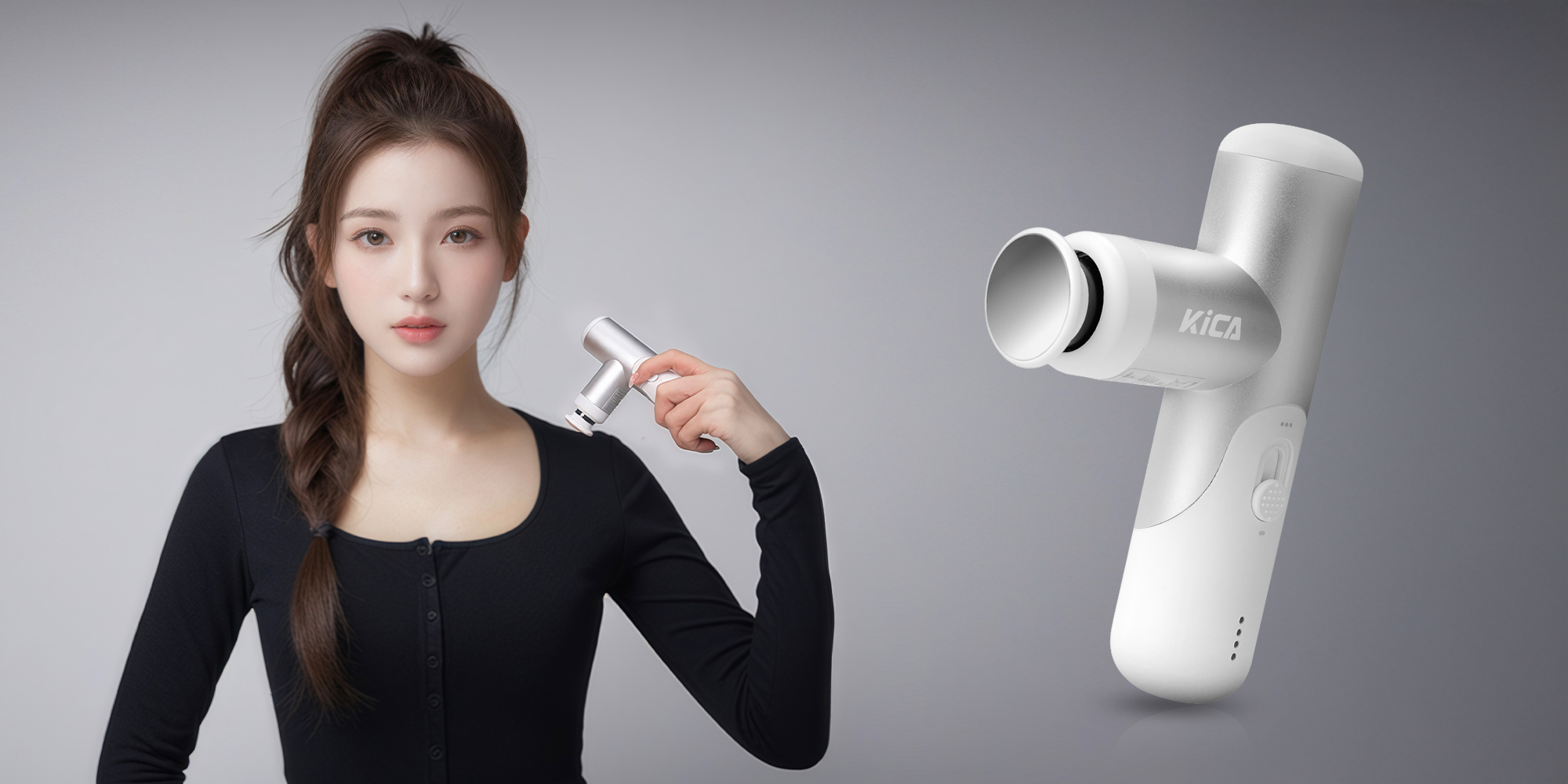 width=100% Masażer wibracyjny KiCA mini 3 - biały - zdjęcie produktowe oraz prezentacja użytkowania na ramieniu