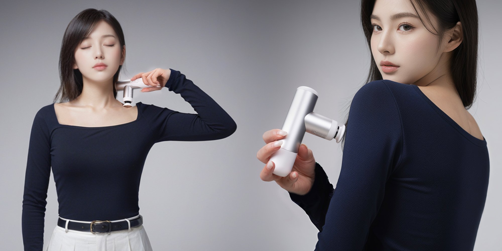 width=100% Masażer wibracyjny KiCA mini 3 - biały używany przez kobietę w obszarze karku i ramion