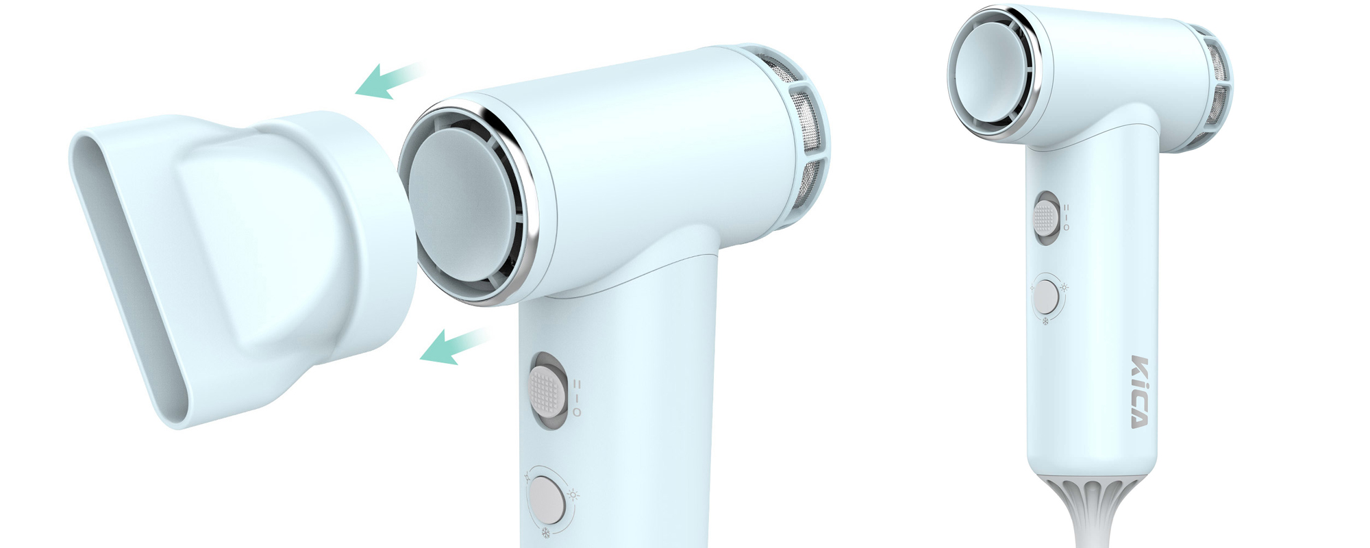 Suszarka do włosów z funkcją jonizowania KiCA HD zaprezentowana cała i na zbliżeniu z końcówką do stylizacji
