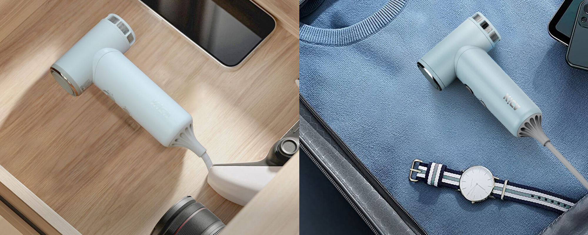 Suszarka do włosów z funkcją jonizowania KiCA HD - arctic white zaprezentowana w szufladzie oraz w walizce podróżnej