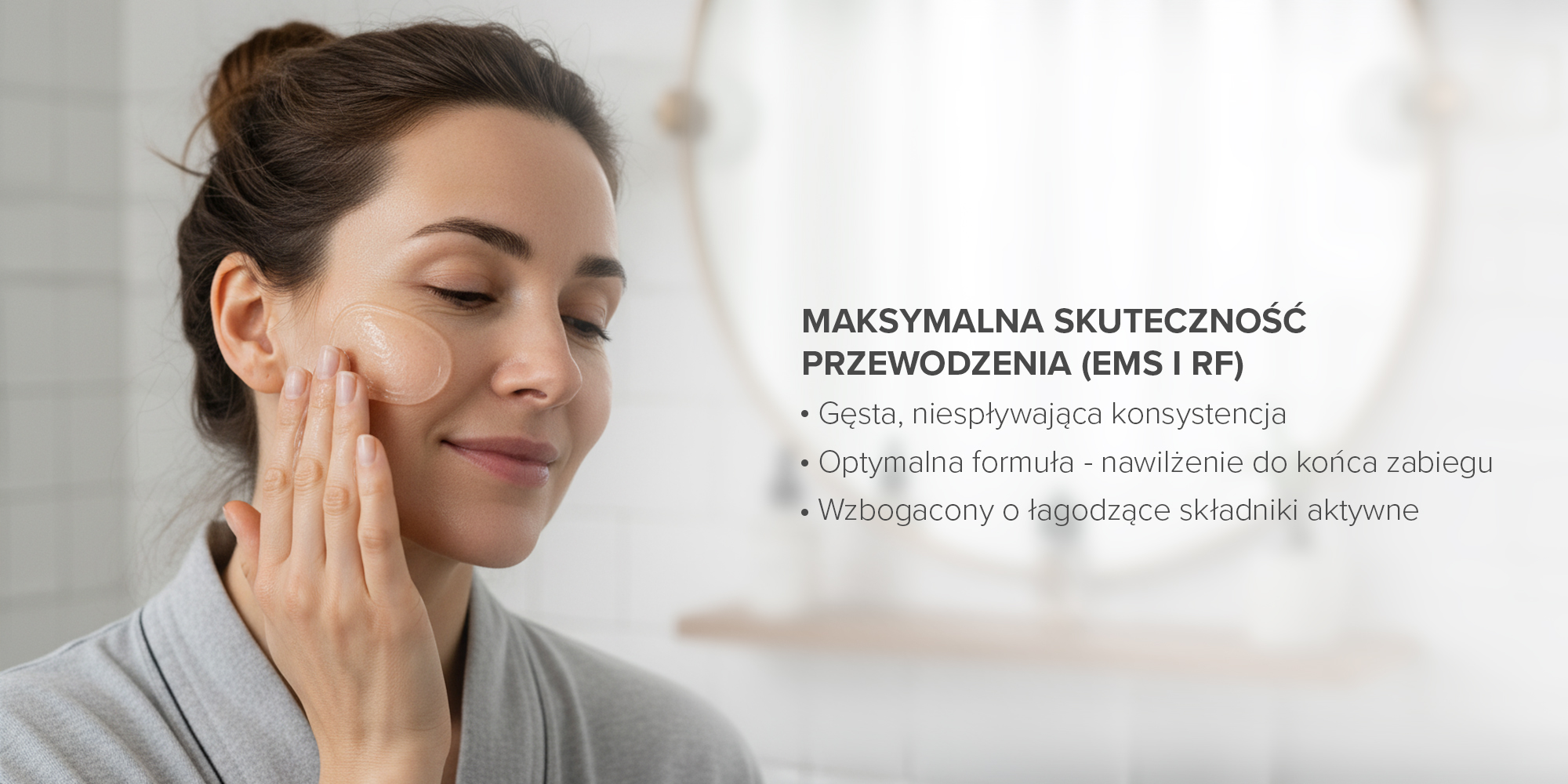 Żel przewodzący Humanas Electrogel - 150 ml nakładany na twarz przez kobietę w spiętych włosach