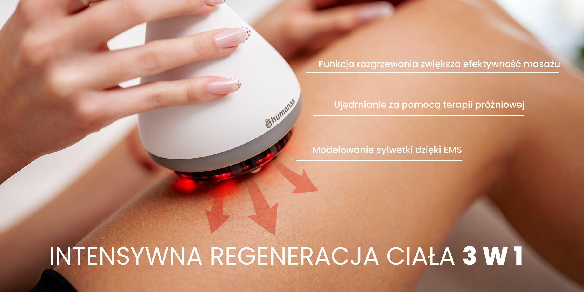 width=100% Masażer antycellulitowy z funkcją bańki chińskiej Humanas DermaSmooth Revive EMS - biały