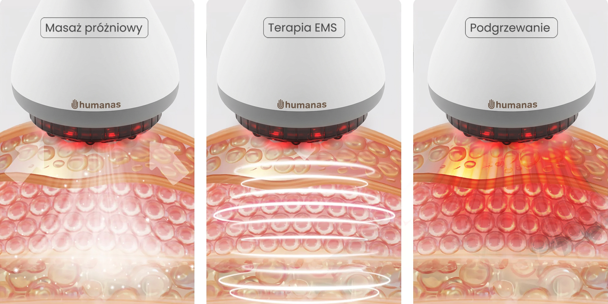 width=100% Masażer antycellulitowy z funkcją bańki chińskiej Humanas DermaSmooth Revive EMS - biały