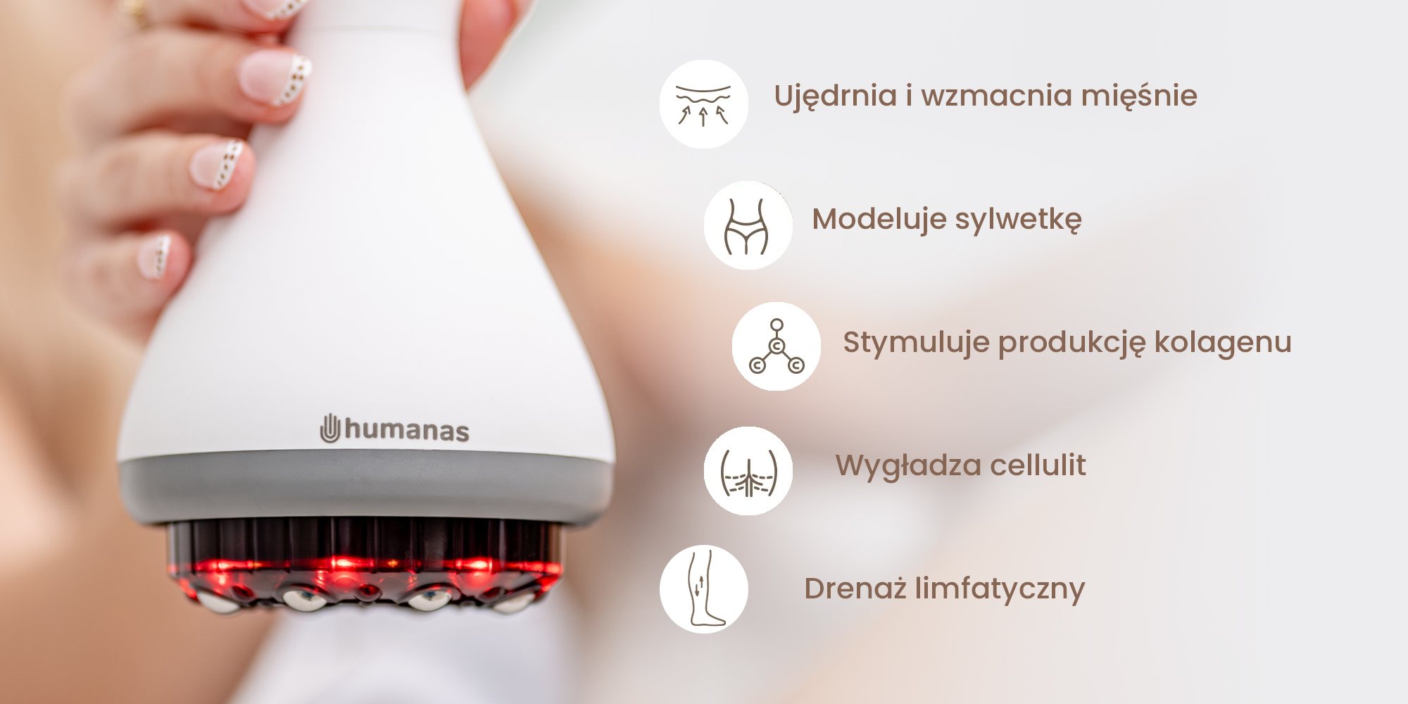 width=100% Masażer antycellulitowy z funkcją bańki chińskiej Humanas DermaSmooth Revive EMS - biały