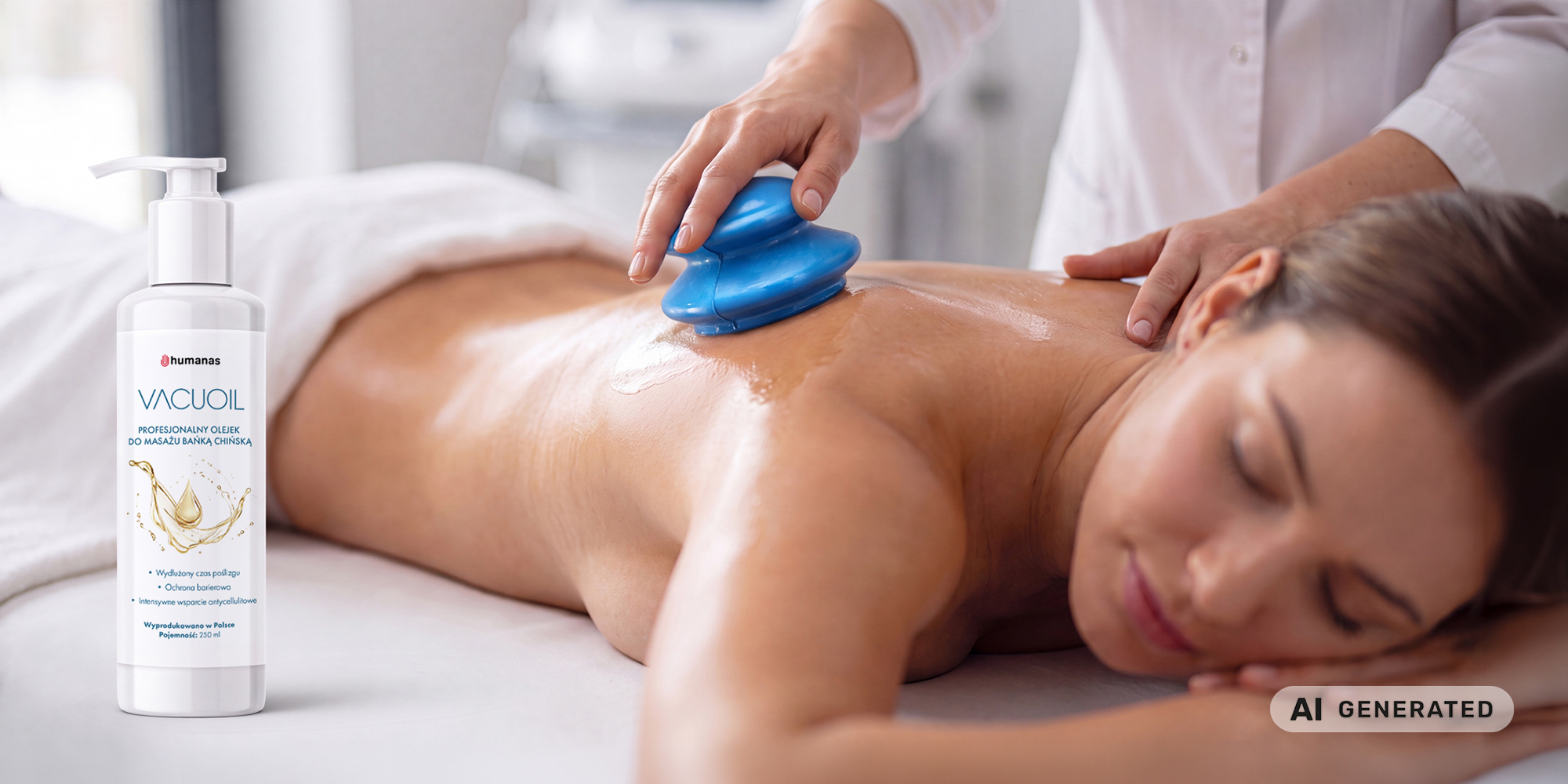 width=100% Na pierwszym planie znajduje się olejek do masażu bańką chińską Humanas Vacuoil. Na drugim planie widzimy kobietę w trakcie masażu bańką chińską.