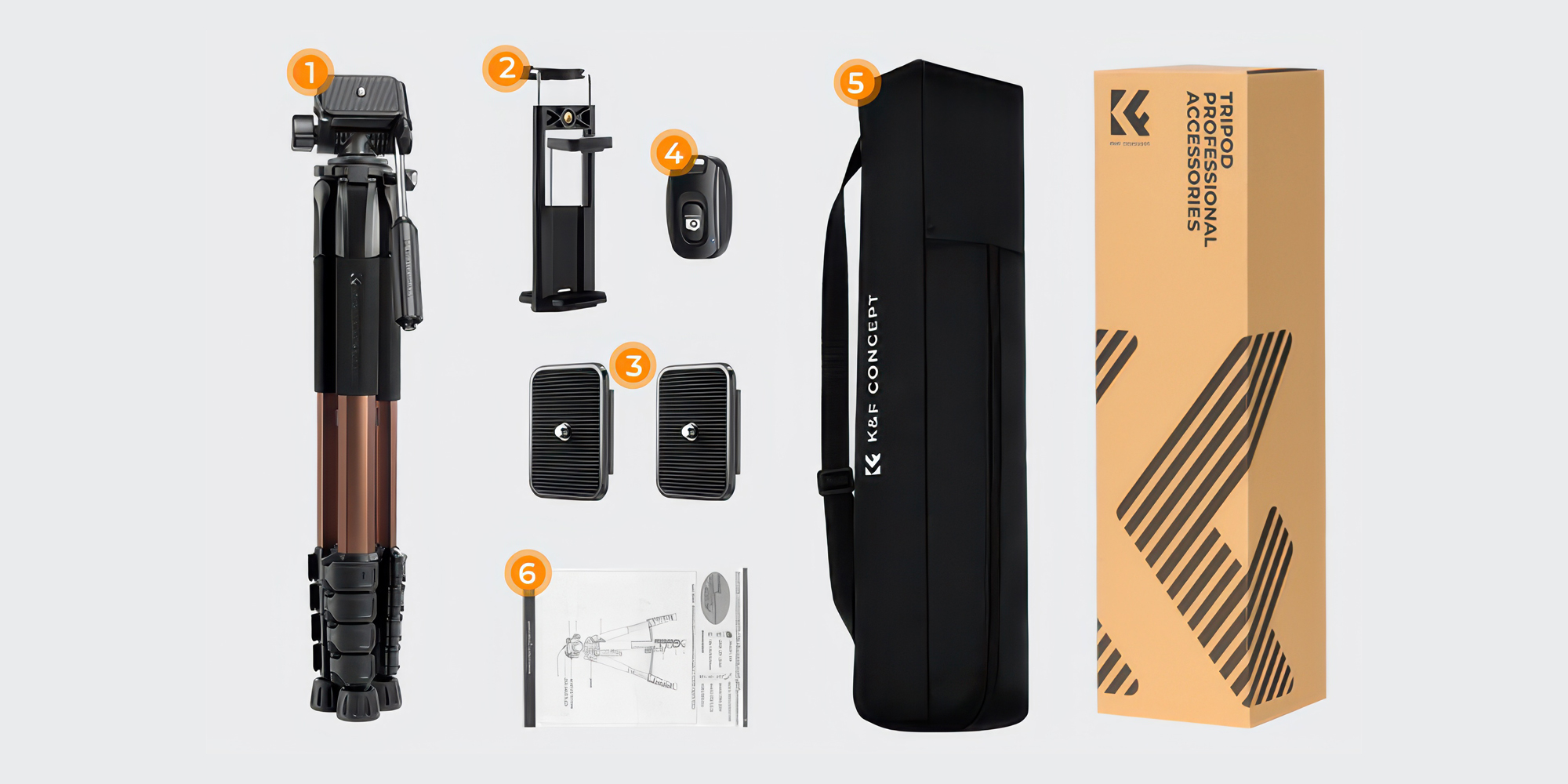 Statyw video K&F Concept S255A3 z głowicą BV01 i uchwytem na telefon - brązowy - Uchwyt do smartfona i tabletu