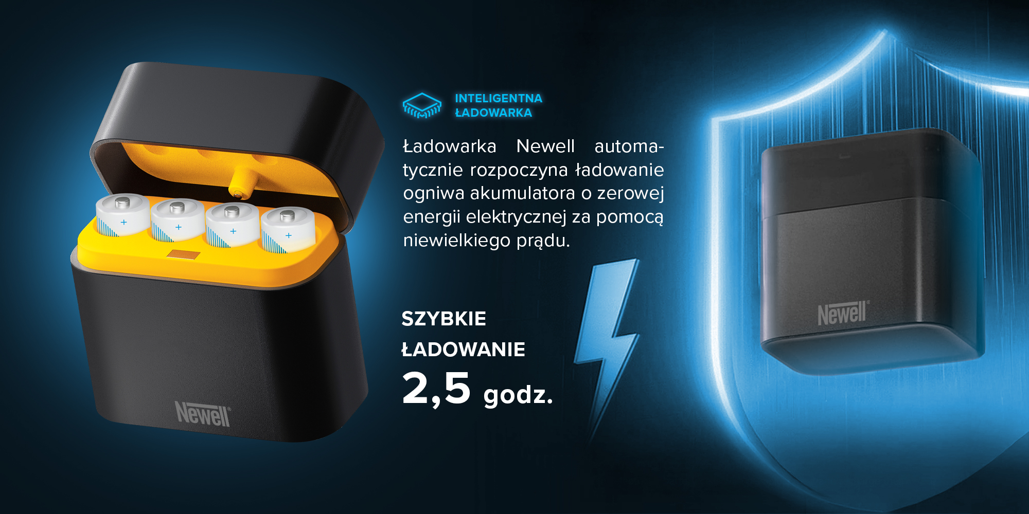 Ładowarka 4-kanałowa Newell do akumulatorów Li-ion + 4 akumulatory Li-ion AA 2200 mAh