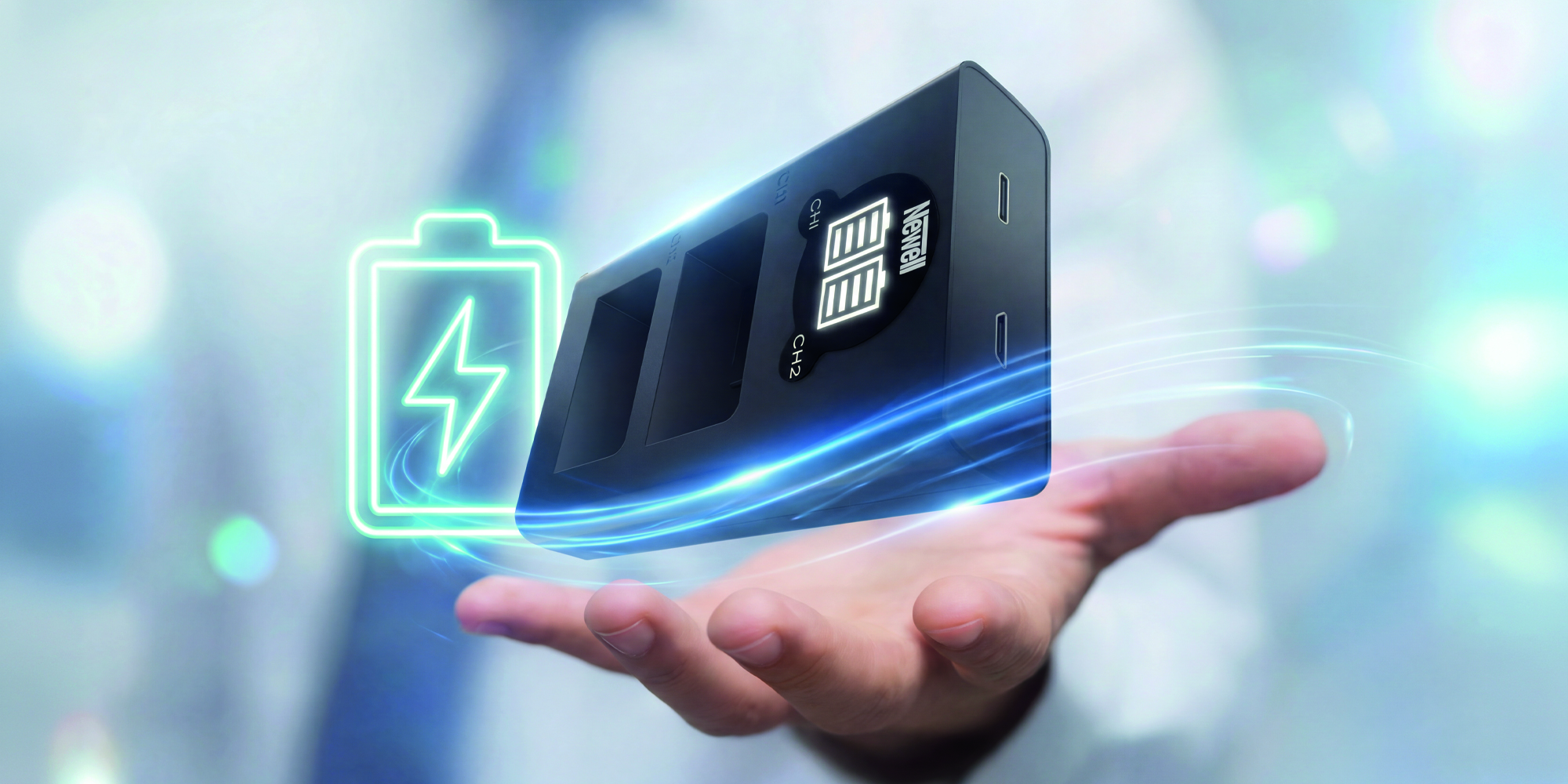 width=100% Ładowarka dwukanałowa Newell DL-USB-C do akumulatorów LP-E6 do Canon