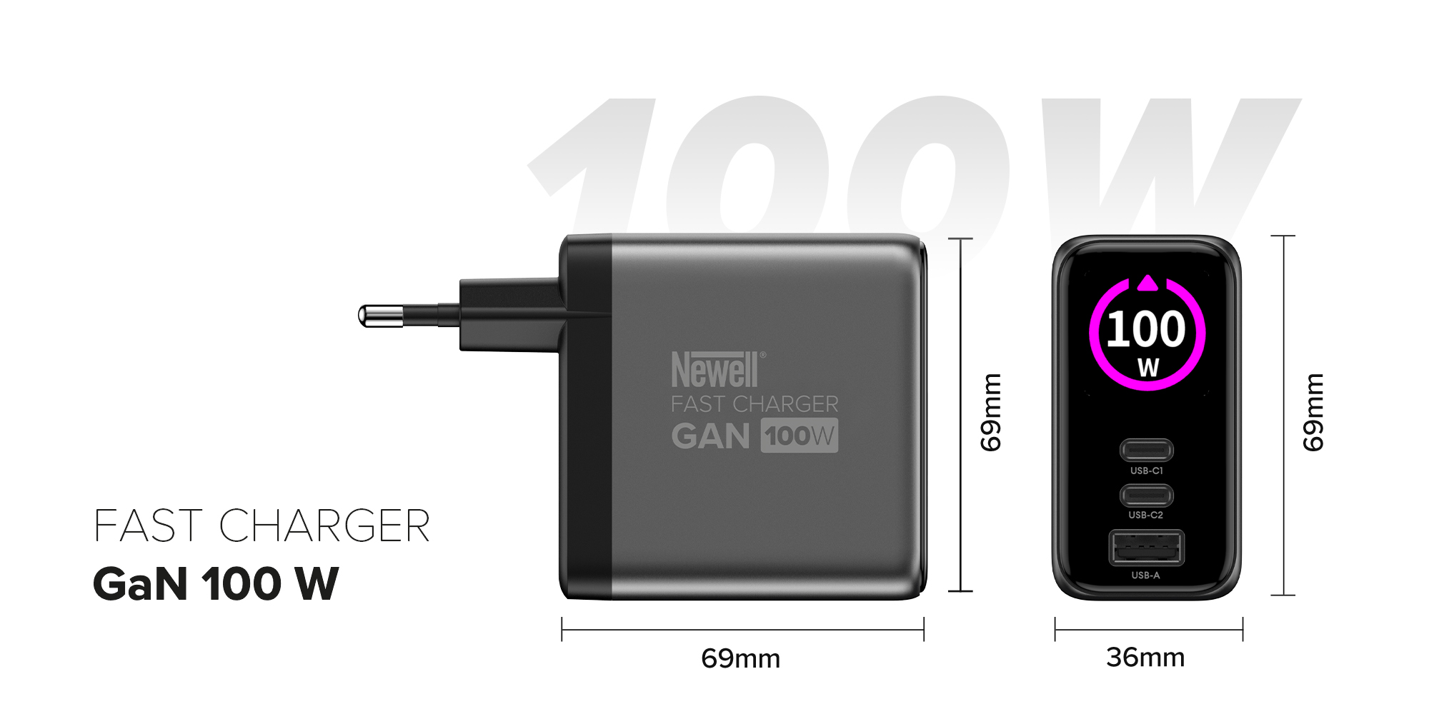 Ładowarka sieciowa Newell GaN 100 W TFT - EU