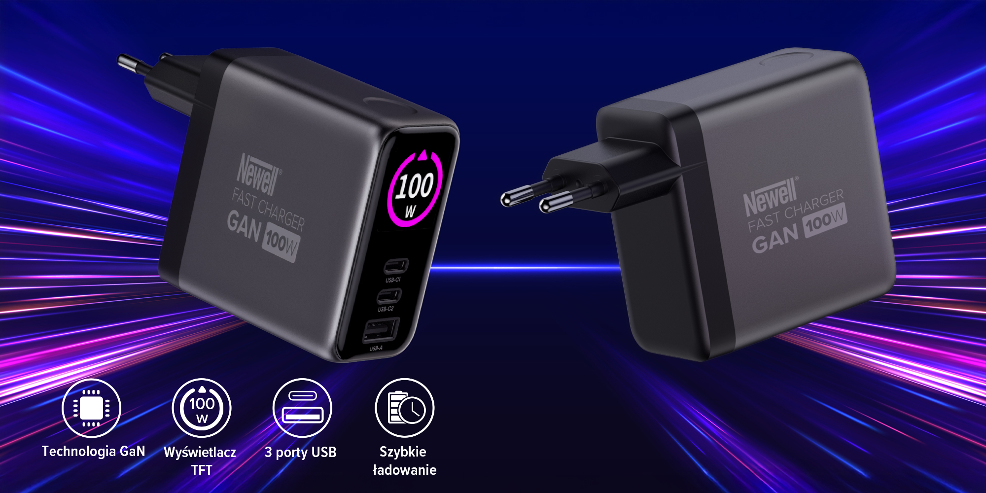 Ładowarka sieciowa Newell GaN 100 W TFT - EU