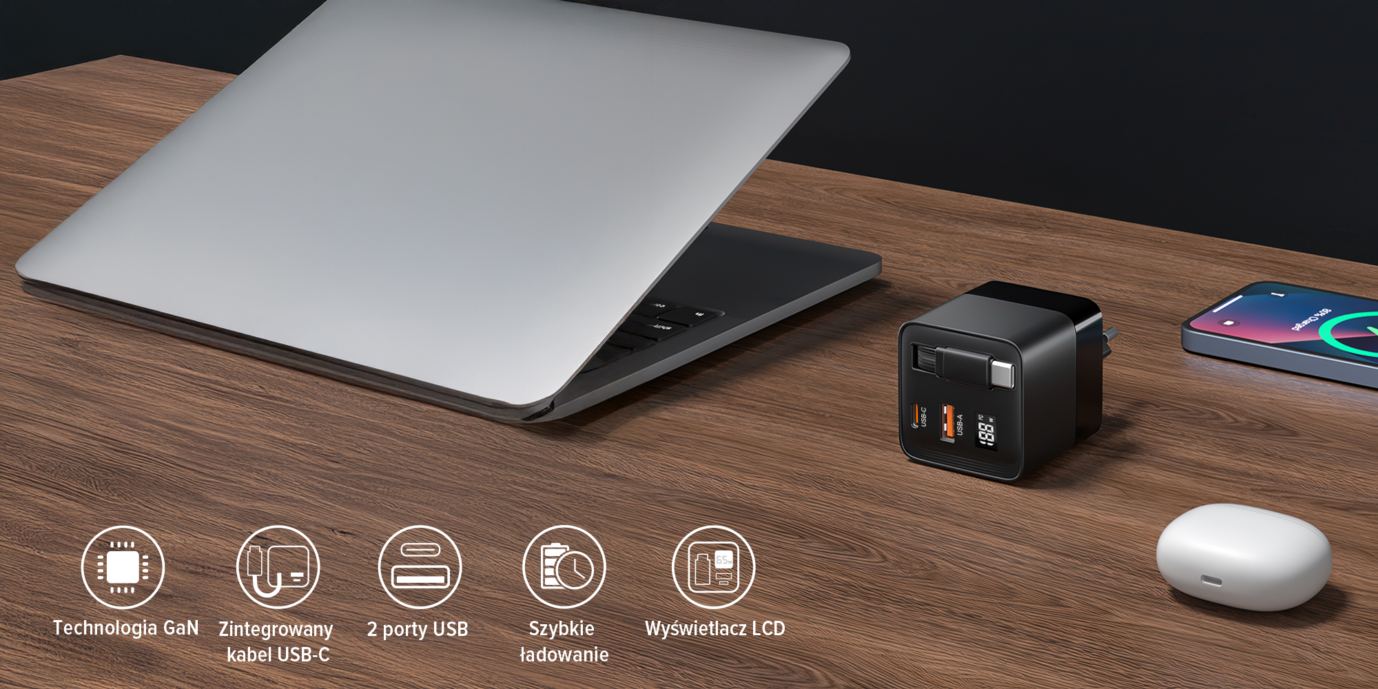 Ładowarka sieciowa Newell GaN 65 W LCD - EU