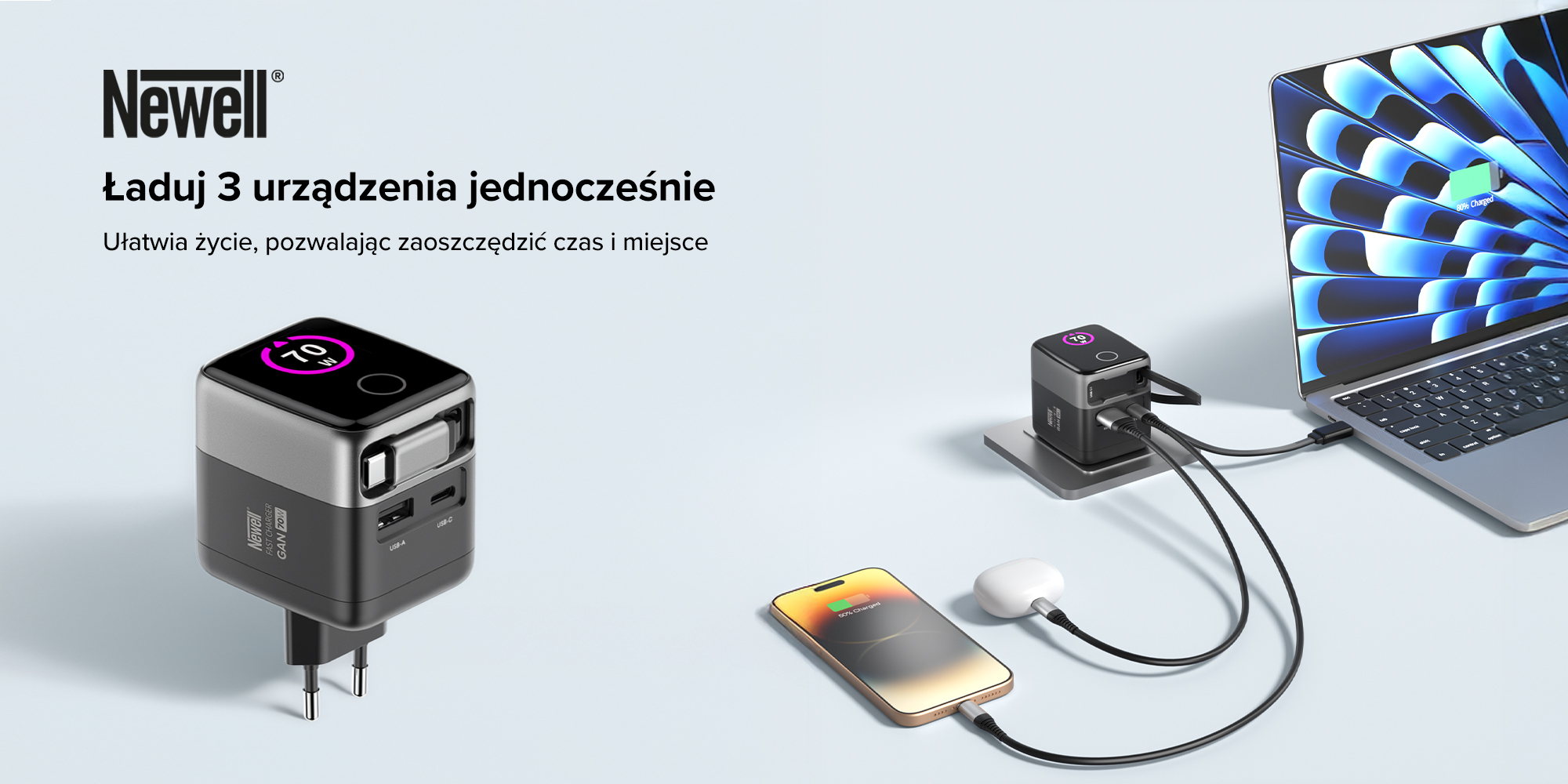 Ładowarka sieciowa Newell GaN 70 W TFT - EU