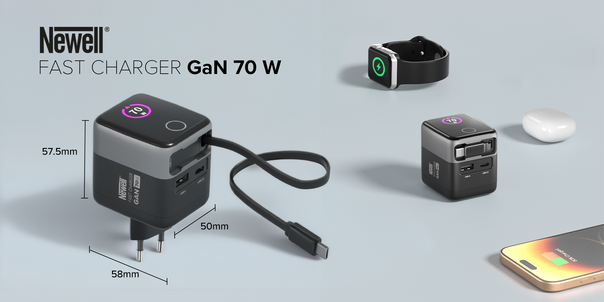 Ładowarka sieciowa Newell GaN 70 W TFT - EU