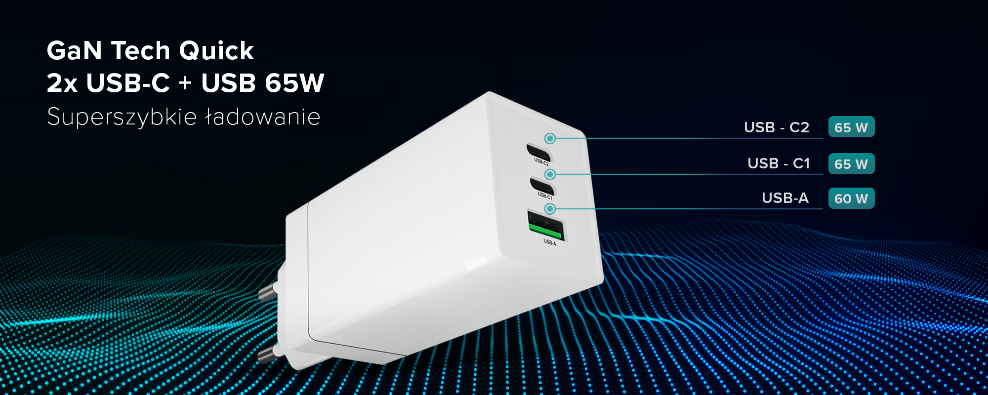 Ładowarka sieciowa Newell GaN Tech Quick 2x USB-C + USB 65W