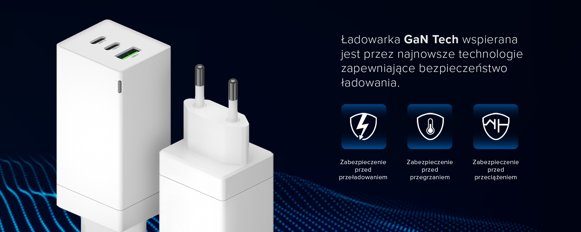 Ładowarka sieciowa Newell GaN Tech Quick 2x USB-C + USB 65W