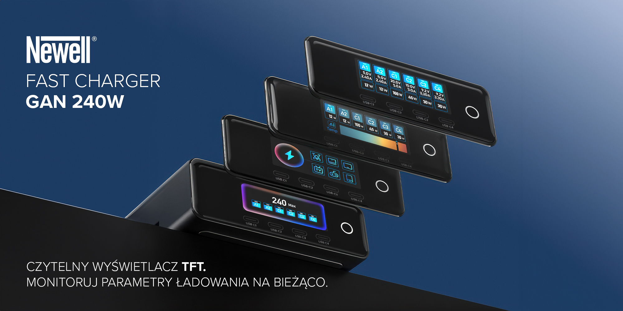 Ładowarka sieciowa Newell GaN 240 W TFT - EU