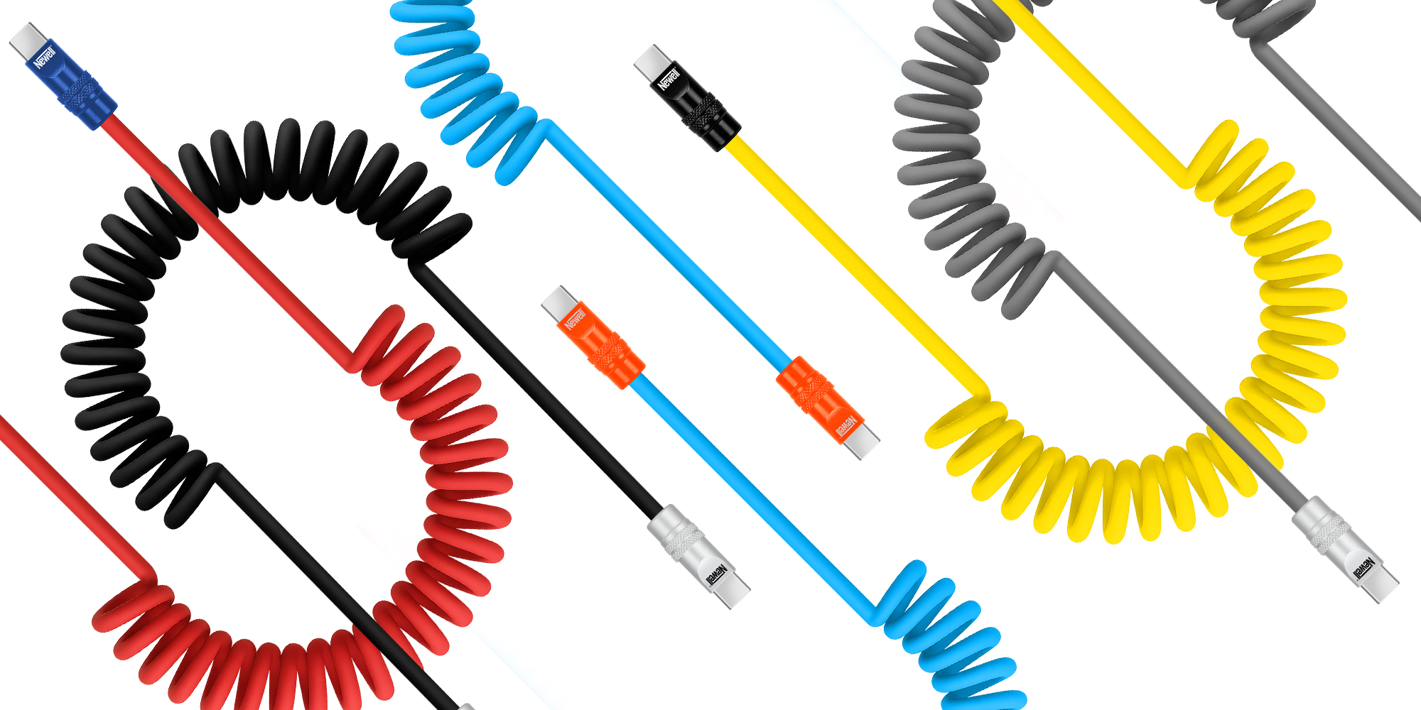 Kabel Newell USB-C - USB-C 100 W, 1,5 m, silikonowy, spiralny, żółto - czarny