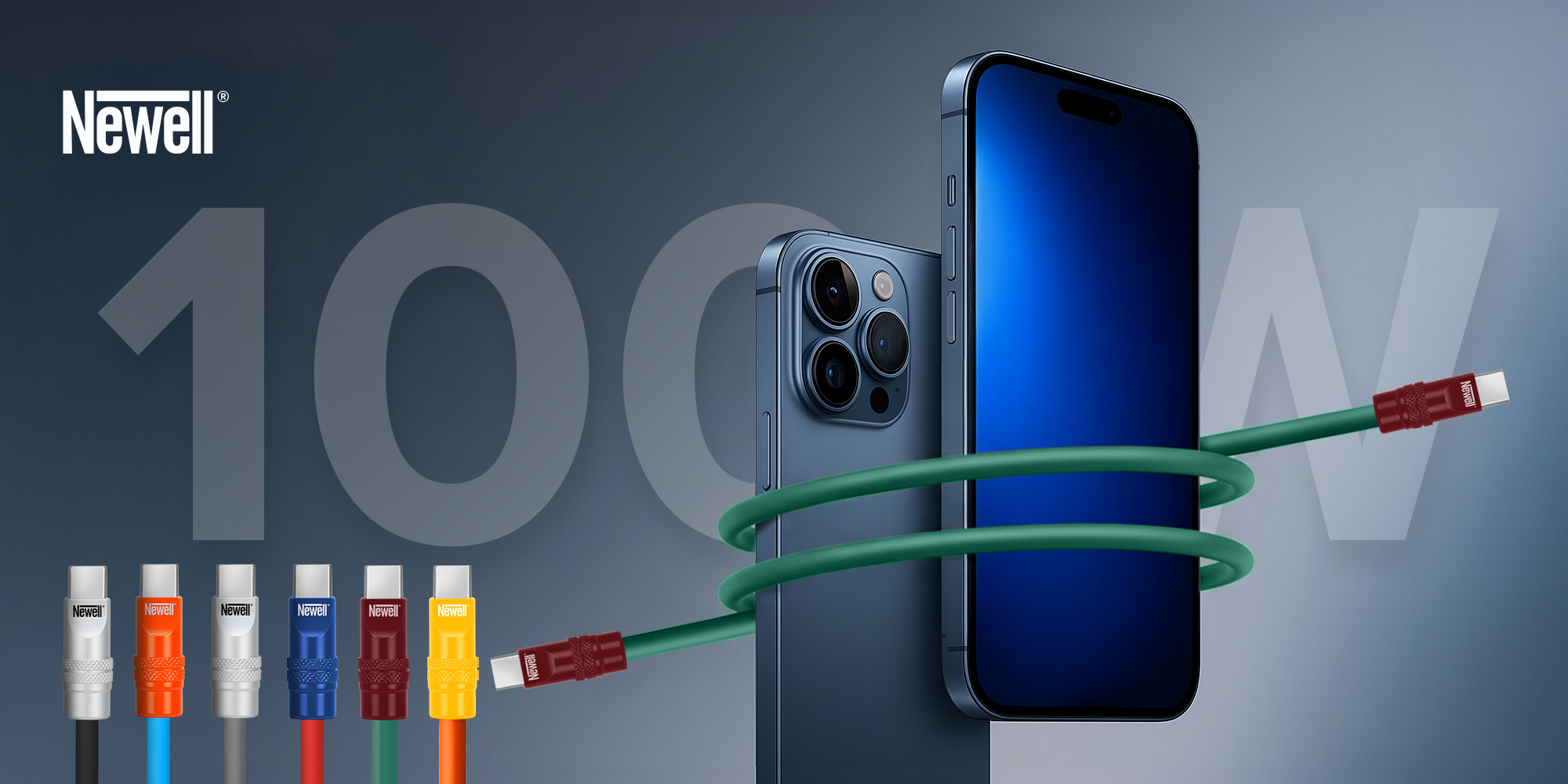 Kabel Newell USB-C - USB-C 100 W, 1,5 m, silikonowy, spiralny, zielono-bordowy