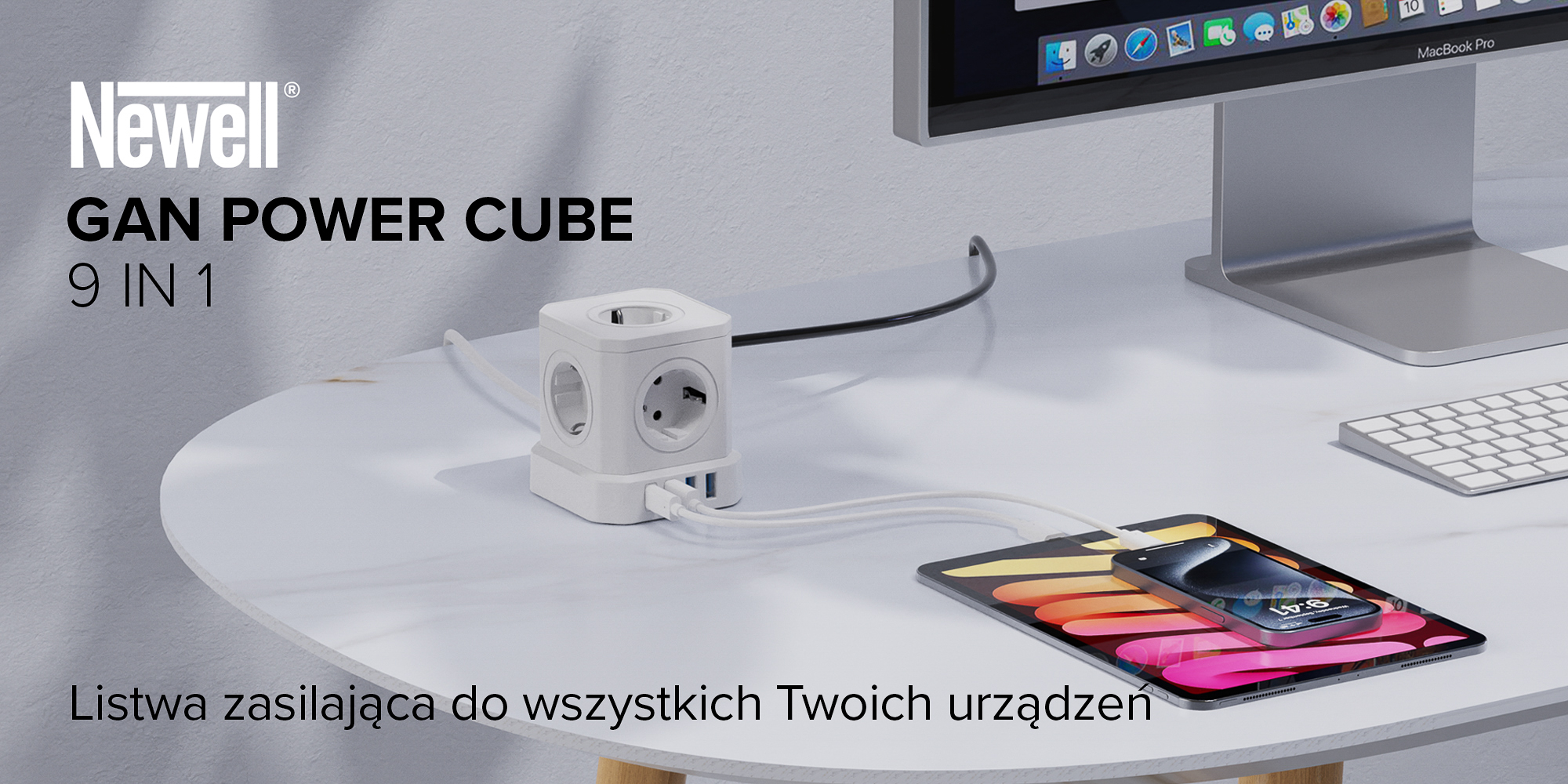 Kostka zasilająca Newell GaN Power Cube 9w1 - biała