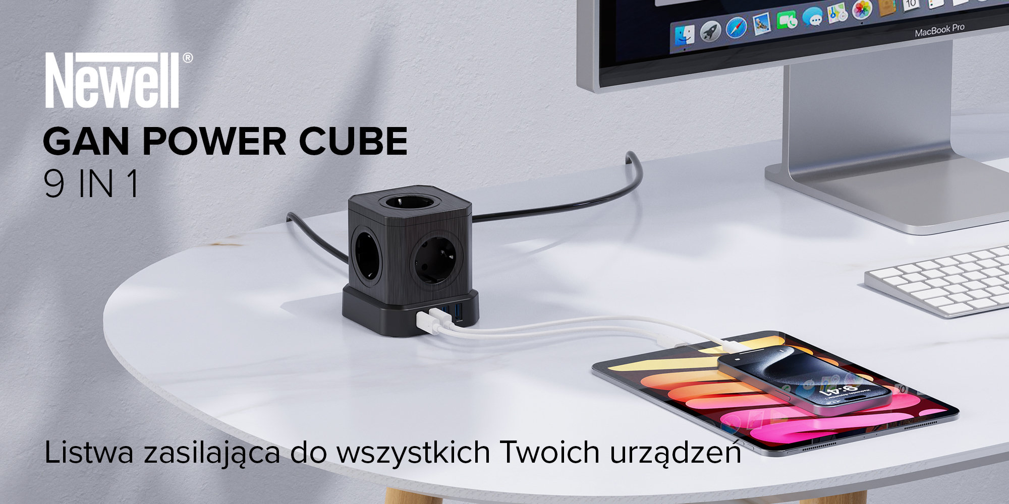 Kostka zasilająca Newell GaN Power Cube 9w1 - czarna