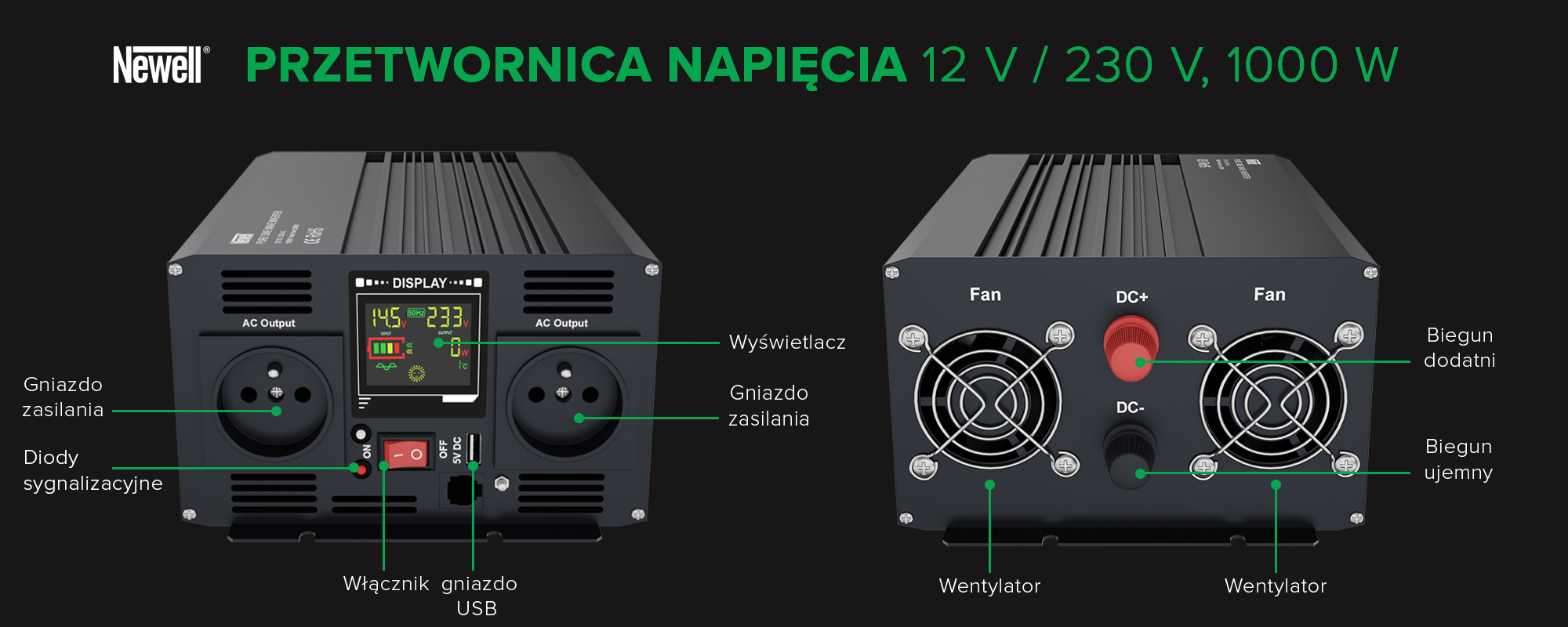 Przetwornica napięcia Newell z czystą sinusoidą - 12 V _ 230 V, 1000 W