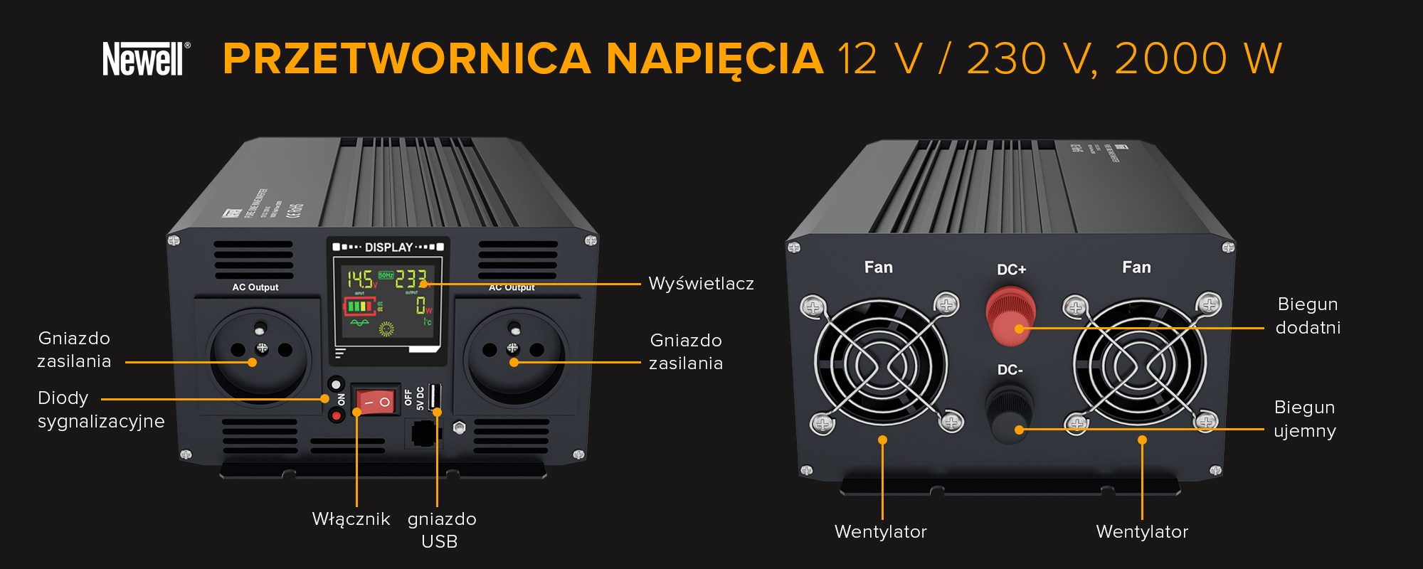 Przetwornica napięcia Newell z czystą sinusoidą - 12 V _ 230 V, 2000 W