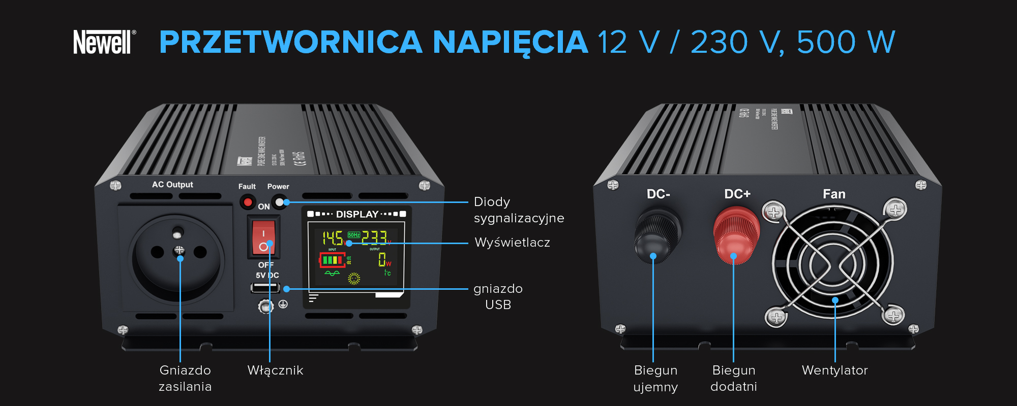 Convertidor de tensión Newell con onda sinusoidal pura - 12 V _ 230 V, 500 W