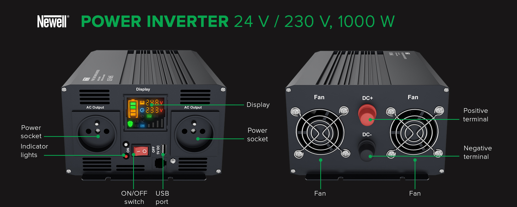 Newell voltage converter with pure sine wave - 24 V _ 230 V, 1000 W