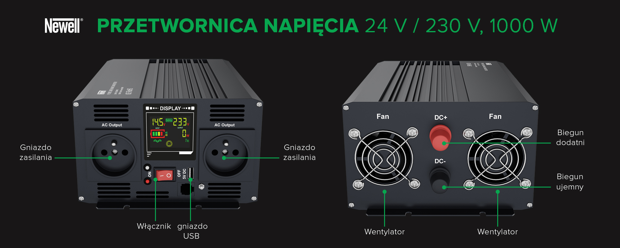 Inversor de tensión Newell de onda sinusoidal pura - 24 V _ 230 V, 1000 W