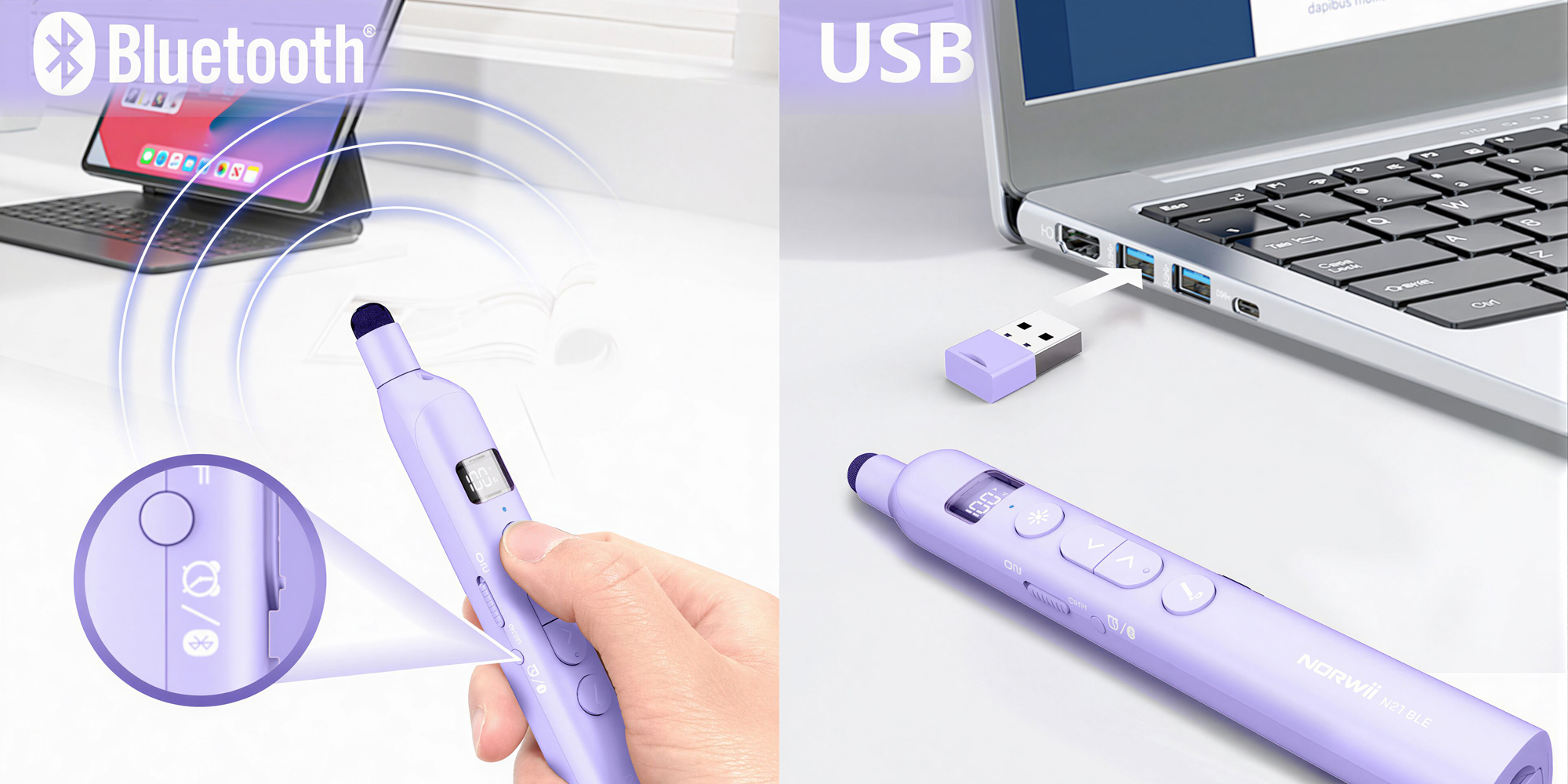 width=100% Pilot z wskaźnikiem laserowym do prezentacji multimedialnych Norwii N21 BLE