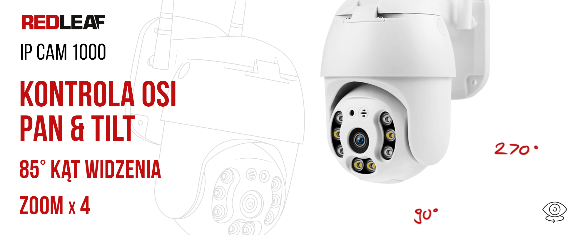 Kamera WiFi do monitoringu Redleaf IP Cam 1000 - grafika przestawiająca animację obrotu kamery