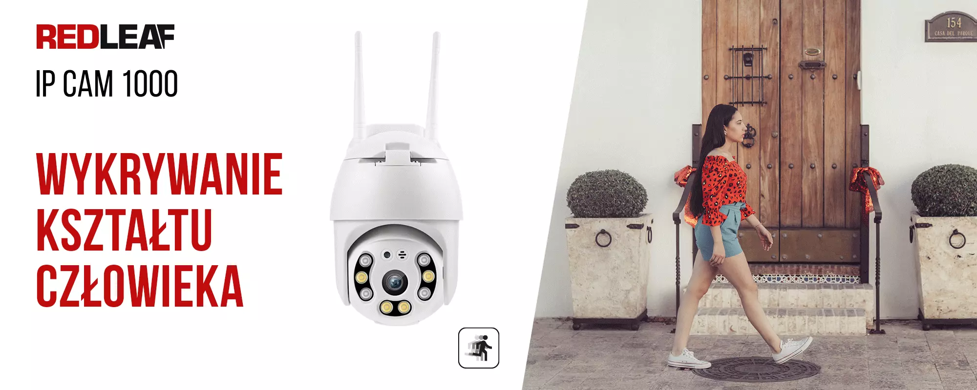 Kamera WiFi do monitoringu Redleaf IP Cam 1000 - grafika przestawiająca kamerę wykrywającą ruch kobiety na tle drzwi