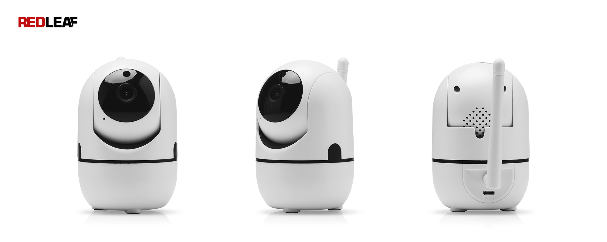 Redleaf IP Home Cam 100 WiFi home surveillance camera front, angle and rear view