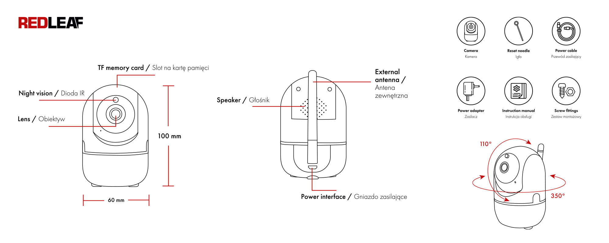 Redleaf IP Home Cam 100 WiFi home surveillance camera device description and kit contents