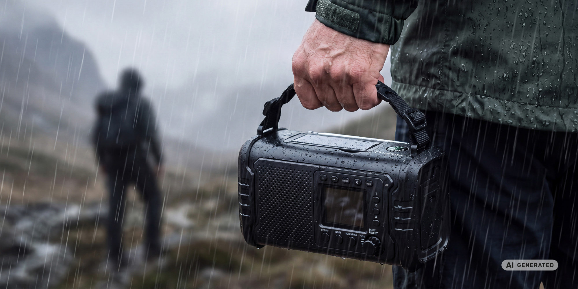 Radio przenośne Redleaf Nomad RF01 20000 mAh - czarne trzYmane w męskiej dłoni na wysokości bioder. Deszczowa sceneria. Na drugim planie mężczyzna w kurtce przeciwdeszczowej i niewyraźne góry.