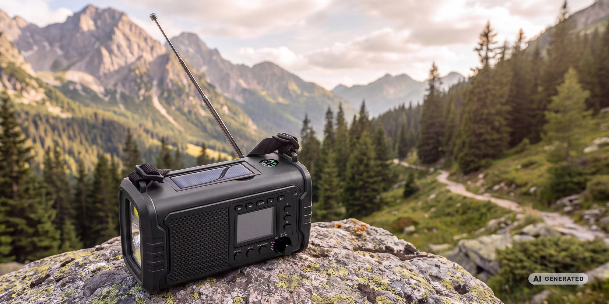Radio przenośne Redleaf Nomad RF01 20000 mAh - czarne ustawione na skale. W tle góry.