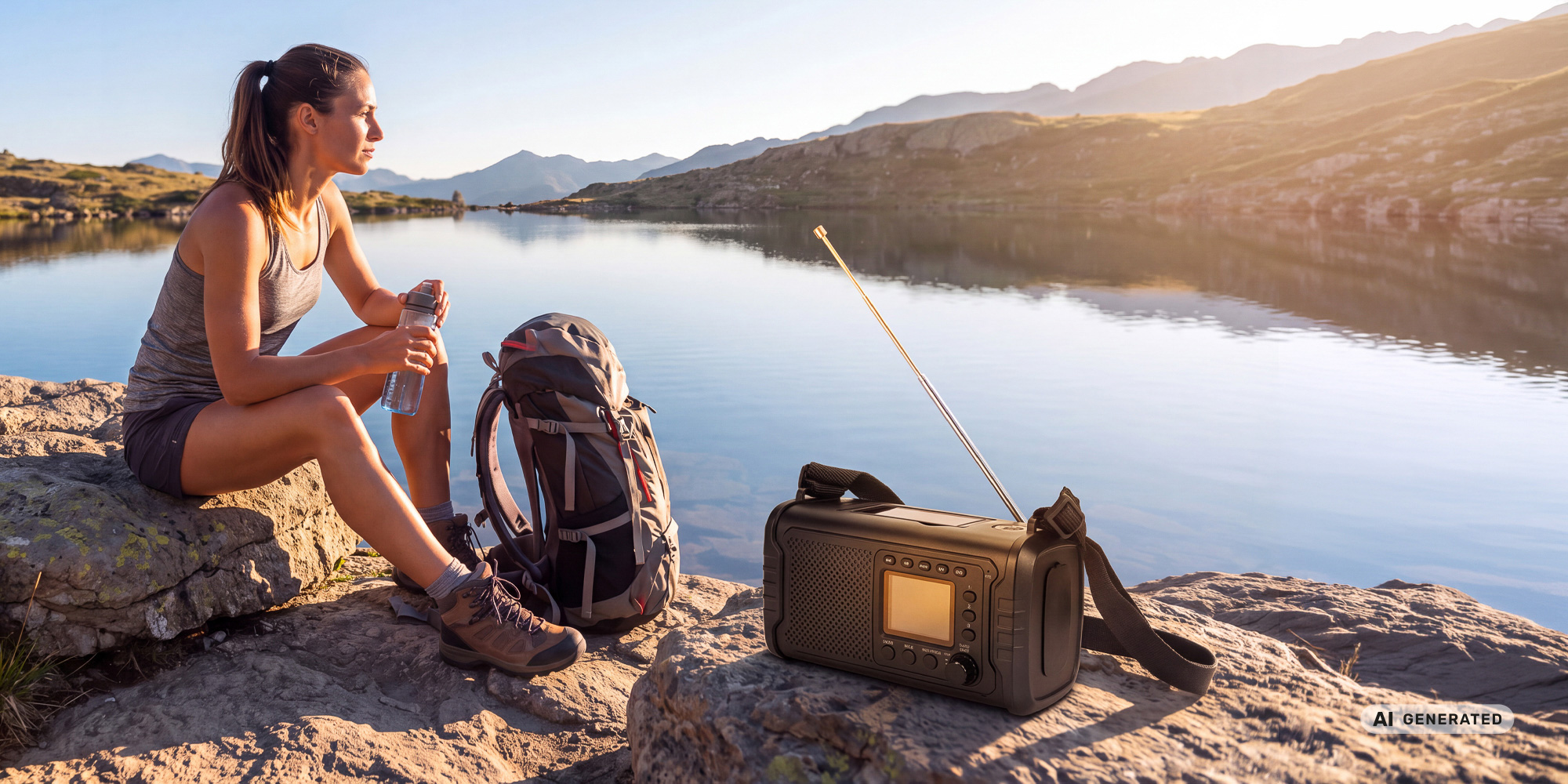 Radio przenośne Redleaf Nomad RF01 20000 mAh - czarne stojące na skale obok kobiety, która ma w ręku butelkę z wodą. Obok niej stoi plecak. W tle jezioro i góry.