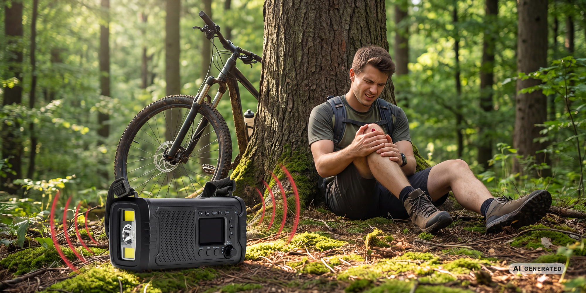 Radio przenośne Redleaf Nomad RF01 20000 mAh - czarne ustawione na ściółce w lesie na pierwszym planie. Za radiem mężczyzna oparty o drzewo. Widać że odczuwa ból nogi. Obok oparty rower.