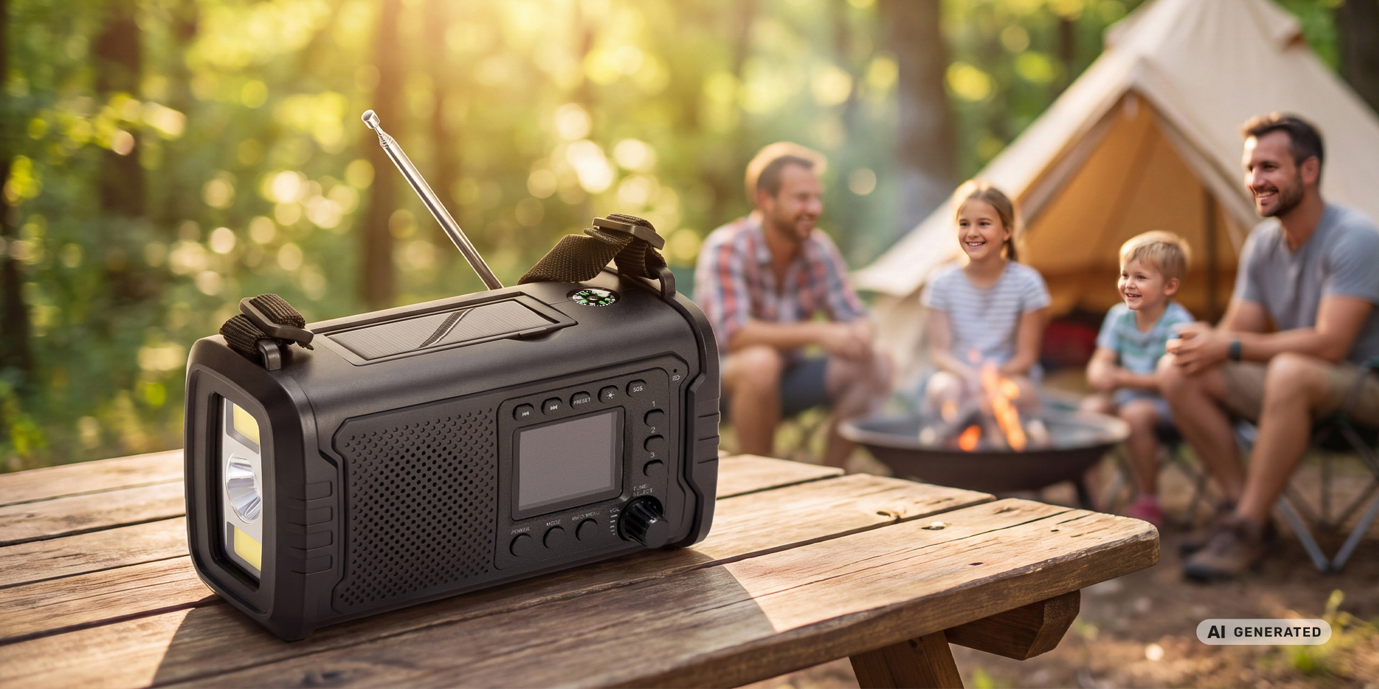 Radio przenośne Redleaf Nomad RF01 20000 mAh - czarne na drewnianym stole. W tle dwóch mężczyzn, chłopiec i dziewczynka przy grillu. W tle namiot.