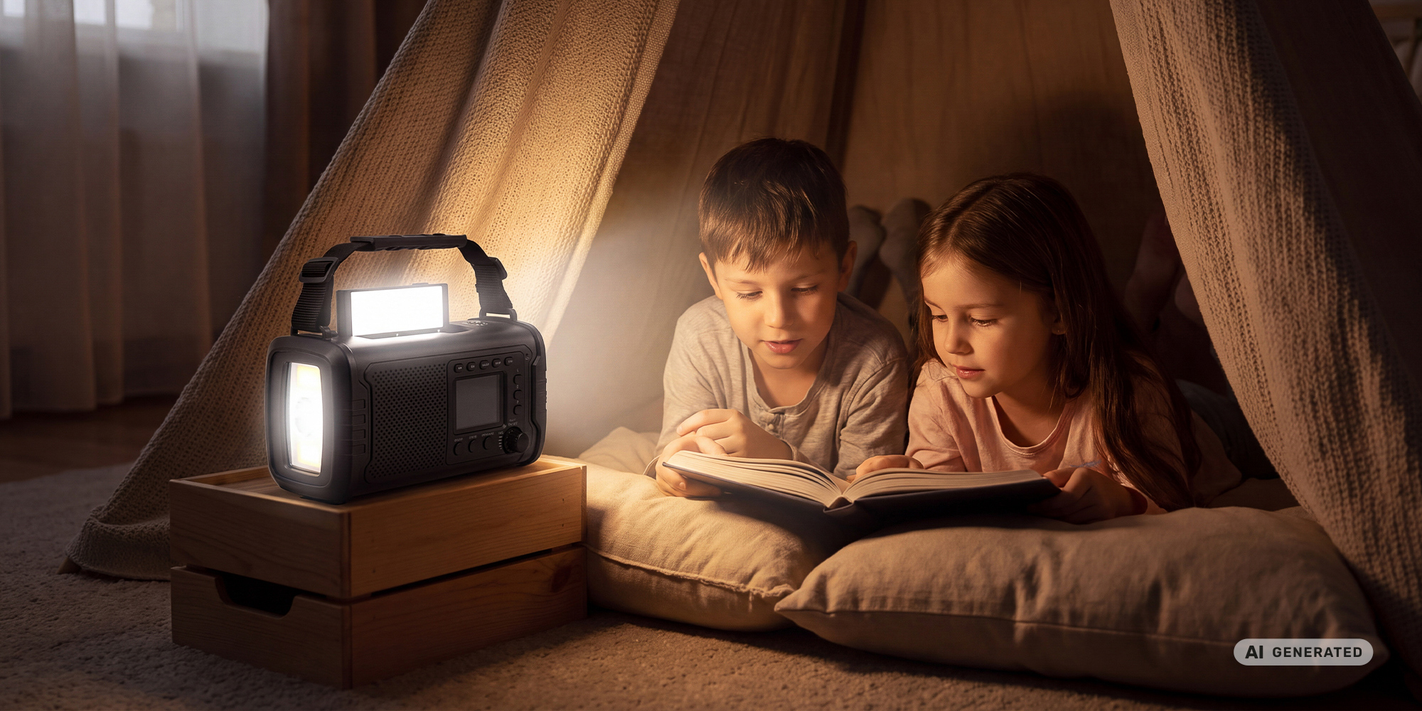 Radio przenośne Redleaf Nomad RF01 20000 mAh - czarne ustawione na drewnianych skrzynkach przed namiotem zbudowanym z koca i poduszek. W namiocie chłopiec i dziewczynka czytają książkę.