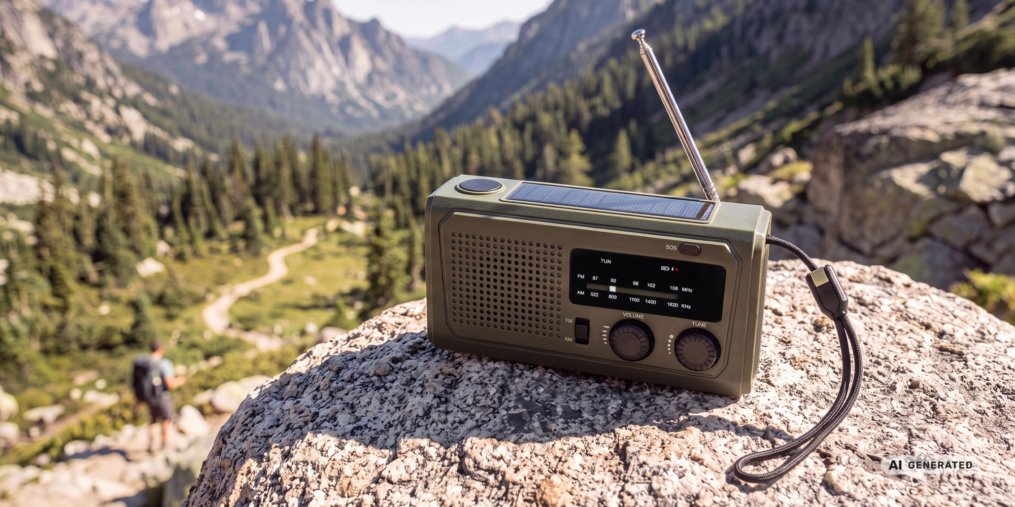 Radio przenośne Redleaf Nomad RF02 4500 mAh - zielone ustawione na skale. W tle górskie szlaki.
