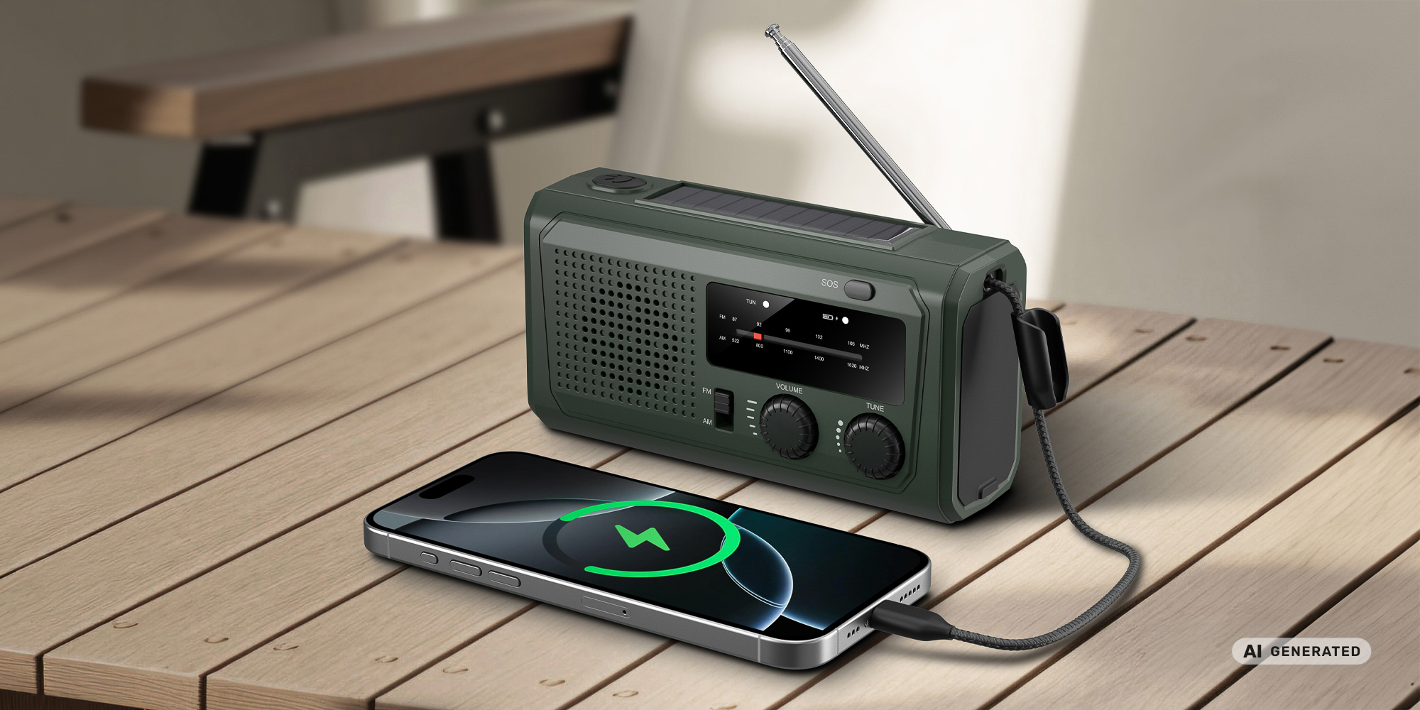 Radio przenośne Redleaf Nomad RF02 4500 mAh - zielone na stole z drewna. Do radia podłączony jest smartfon, który się ładuje. W tle krzesło ogrodowe.