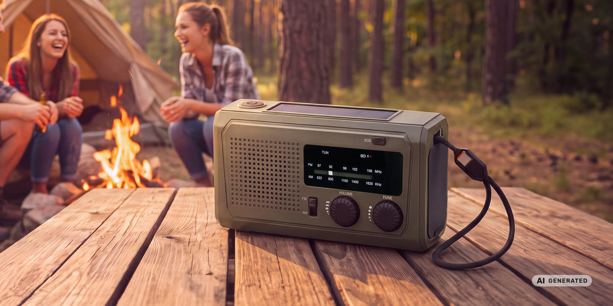 Radio przenośne Redleaf Nomad RF02 4500 mAh - zielone na drewnianym stole. W tle ludzie przy ognisku, las i rozbity namiot.