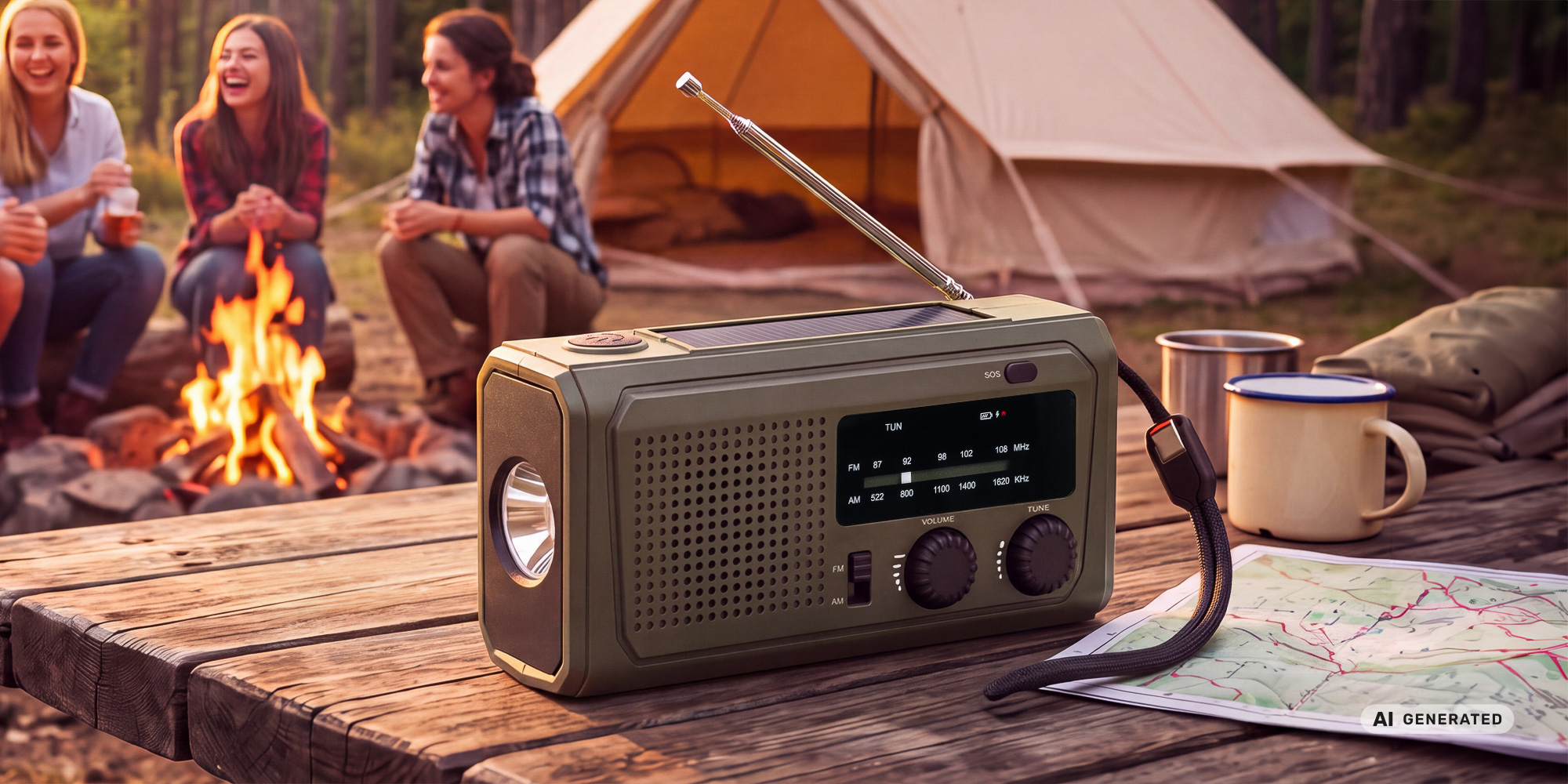 Radio przenośne Redleaf Nomad RF02 4500 mAh - zielone na stole, obok mapy i metaowych kubków. W tle kobiety przy ognisku i namiot.