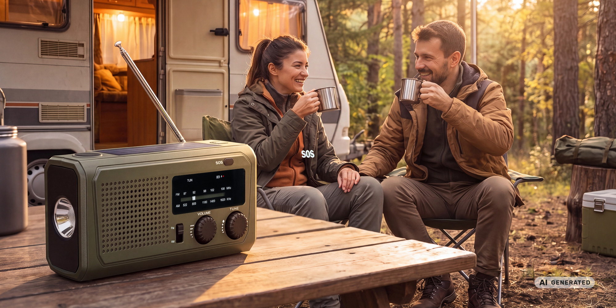 Radio przenośne Redleaf Nomad RF02 4500 mAh - zielone na drewnianym stole. Na drugim planie mężczyzna i kobieta piją coś z metalowych kubków. W tle kamper i las.