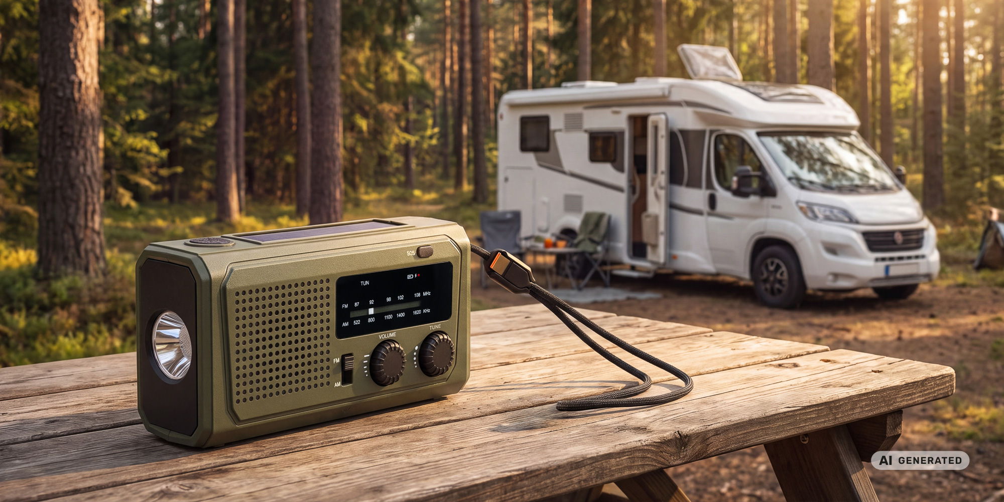 Radio przenośne Redleaf Nomad RF02 4500 mAh - zielone stojące na trewnianym stole w lesie. W tle kamper z otwartymi drzwiami.
